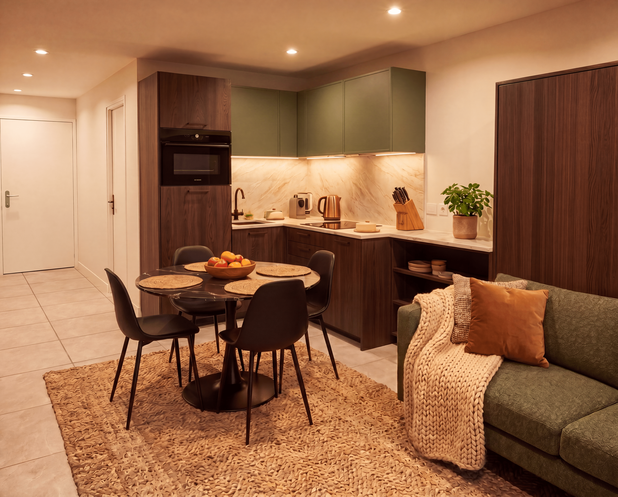 Cuisine ouverte moderne bois/vert olive, dosseret marbré éclairé. Table à manger noire sur tapis texturé, face à un canapé vert avec plaid. Appartement lumineux et aménagé.