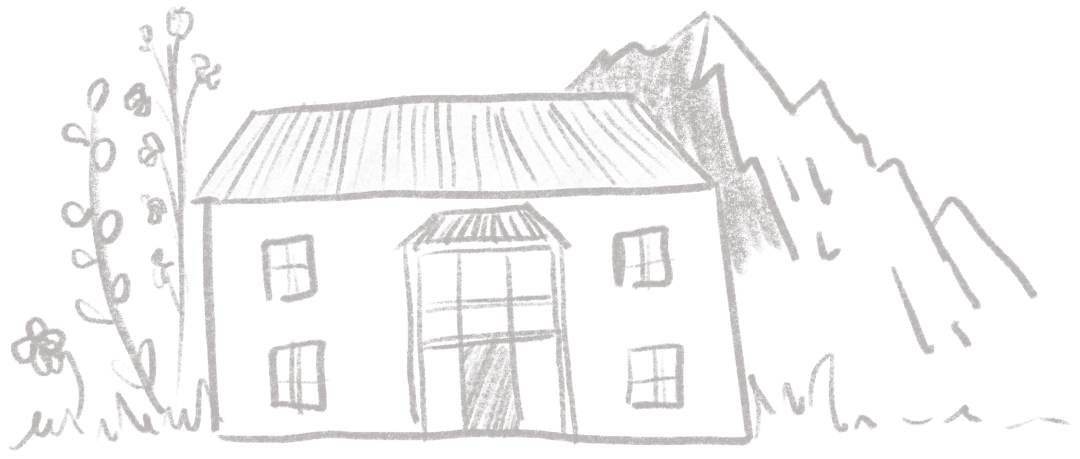 Une maison de deux étages à façade simple se dresse, entourée de plantes et d'herbe stylisées, avec des montagnes esquissées en arrière-plan.