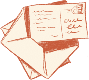 Une carte postale illustrée en orange et crème, avec des lignes de texte ondulées et un timbre estampillé, émerge d'une enveloppe ouverte. Une deuxième enveloppe est visible sous la première.