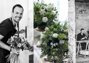 Triptyque : un homme souriant avec un bouquet, des arrangements floraux verts et blancs, et le même homme travaillant à une table rustique en noir et blanc. Texte : Northern Bloom.